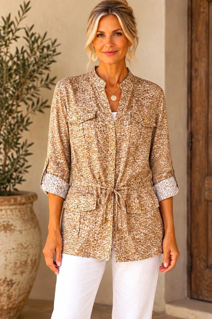 Charter Club Luxury 100% Linen Animal Print Button-Up Tunic Top Size L
